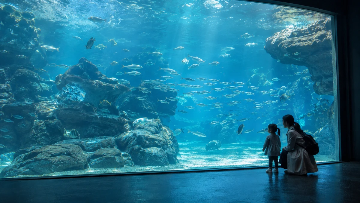 家长陪伴儿童从背影视角观察蓝色水族展缸